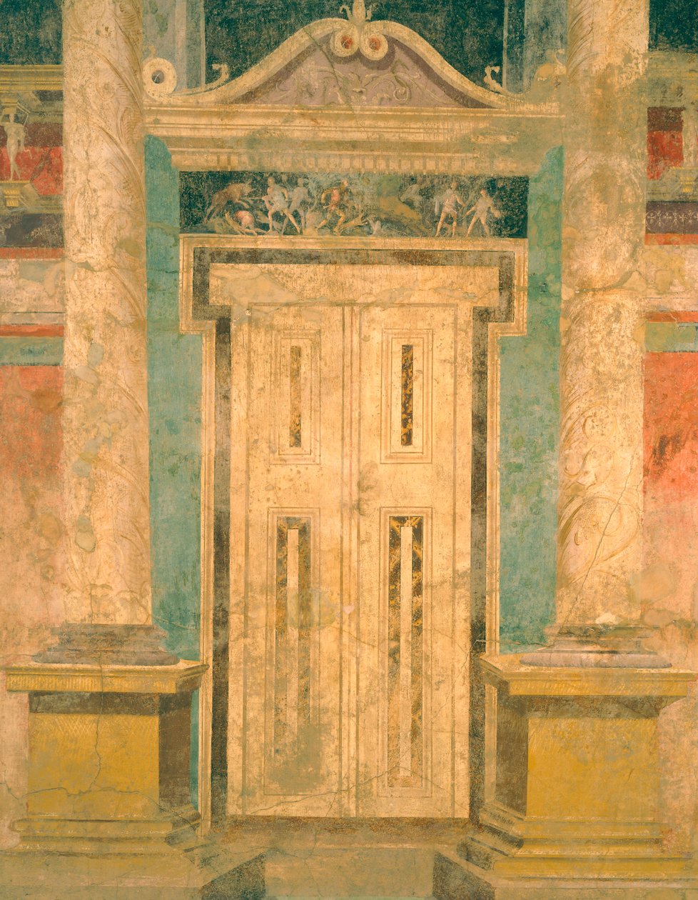 Aeacus'un sahte kapılı skenografik fresk süslemeli duvarı, Roma Villası Boscoreale'den (Napoli), Roma Uygarlığı, by Roman Roman