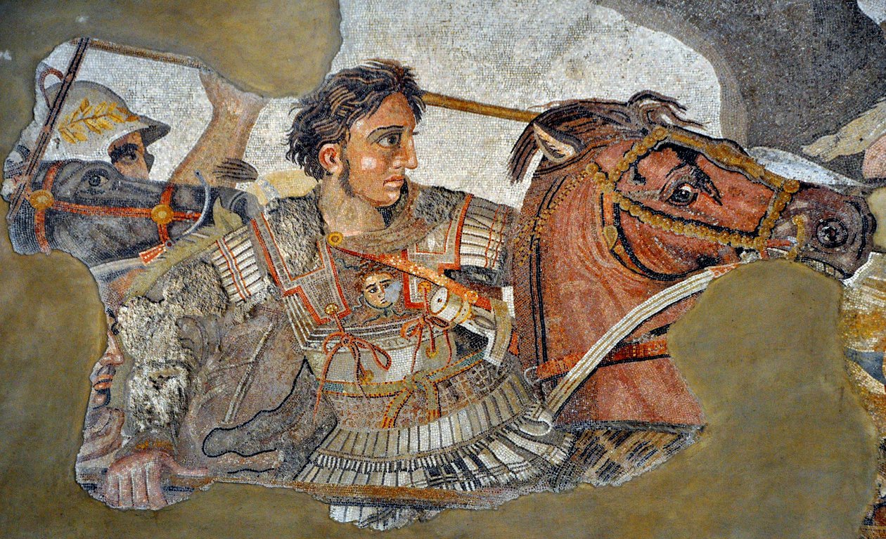 Büyük İskender (MÖ 356 - 323) atı Bucephale üzerinde - Pompei mozaiğinin detayı: İskender ve Darius arasındaki Issos Savaşı (MÖ 4. yüzyıl). - opus vermiculatum - Musee Archeologique de Naples, İtalya - Museo Archeologico Nazionale, Napoli, İtalya by Roman Roman