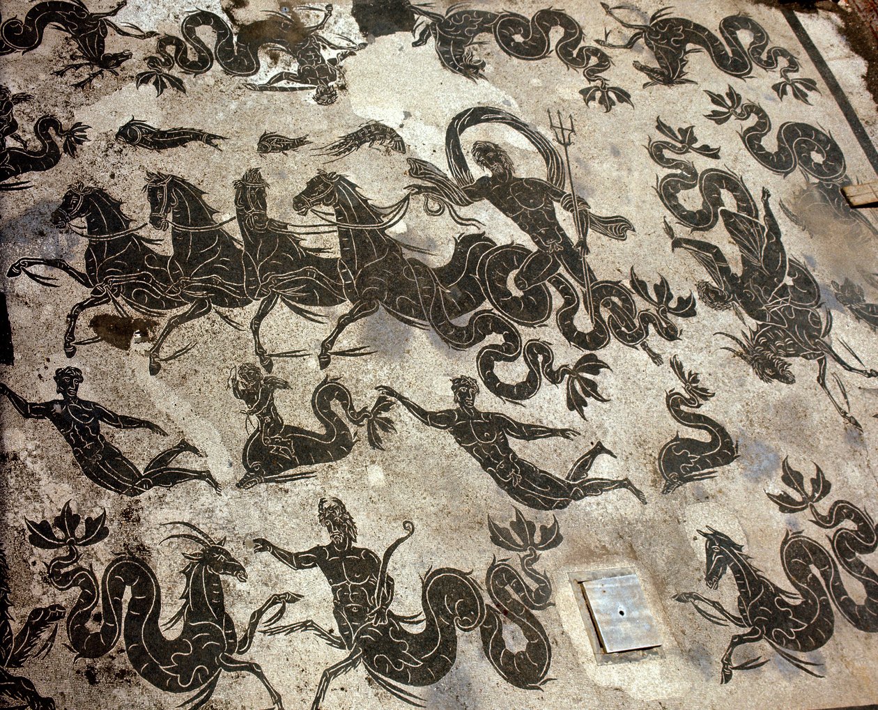Antik Ostia (Ostia). Yunuslar ve deniz canavarları ile çevrili tankında Neptün