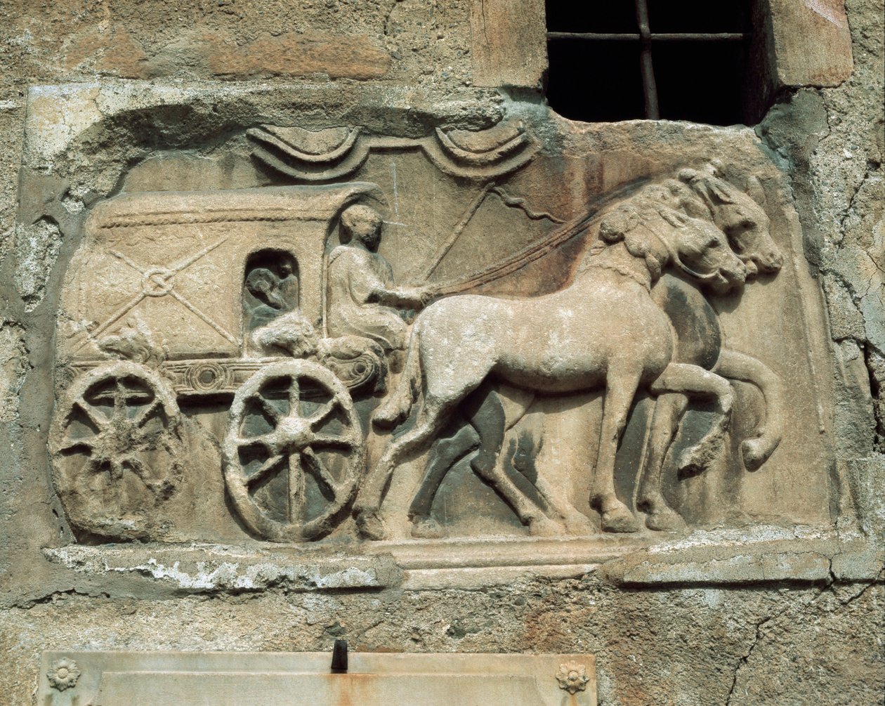 Bugün Maria Saal köy kilisesinin güney duvarında bir Roma mezarından araba (yeraltı dünyasına?) by Roman Roman