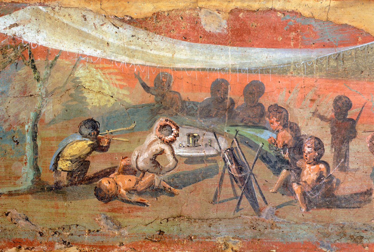 UNESCO Dünya Mirası Listesi'ndeki Pompeii'den Nil Nehri boyunca alçı üzerine kurulmuş pigmelerin yer aldığı bir sahneyi tasvir eden tablonun detayı, 56x217 cm by Roman Roman