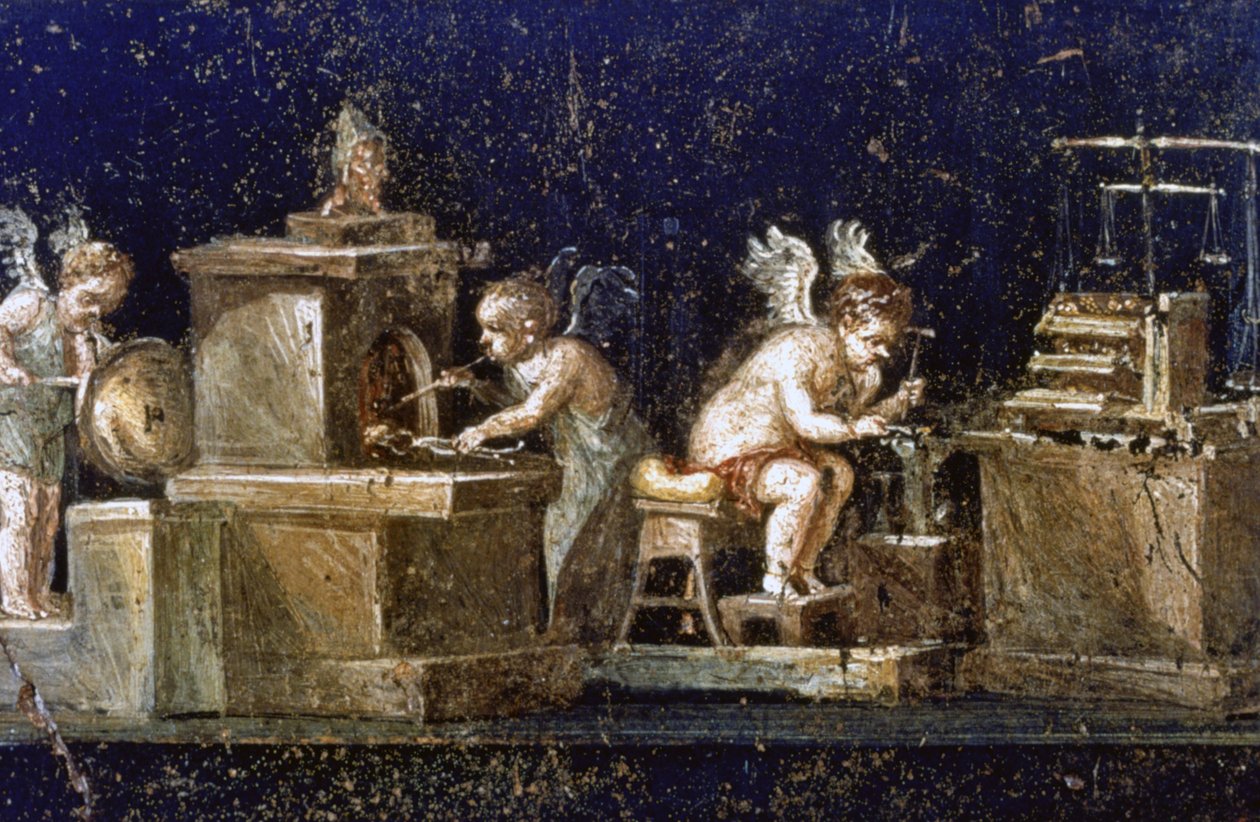 Pompei Kazıları: Kazılar sırasında ortaya çıkarılan, Vetti Evi'ndeki aşk tanrılarını kuyumcu olarak gösteren duvar resmi. Pompei, MS 79'da Vezüv Yanardağı'nın patlaması sonucu yok oldu. by Roman Roman