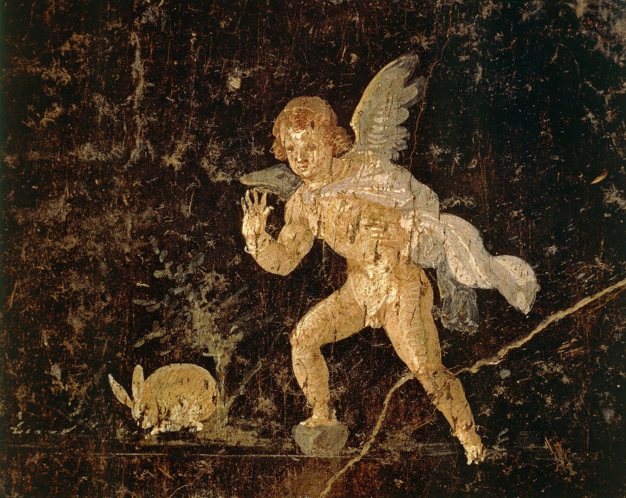 İtalya, Roma uygarlığı, Napoli eyaleti, Pompeii'den tavşan avlayan Aşk Tanrısını betimleyen fresk by Roman Roman
