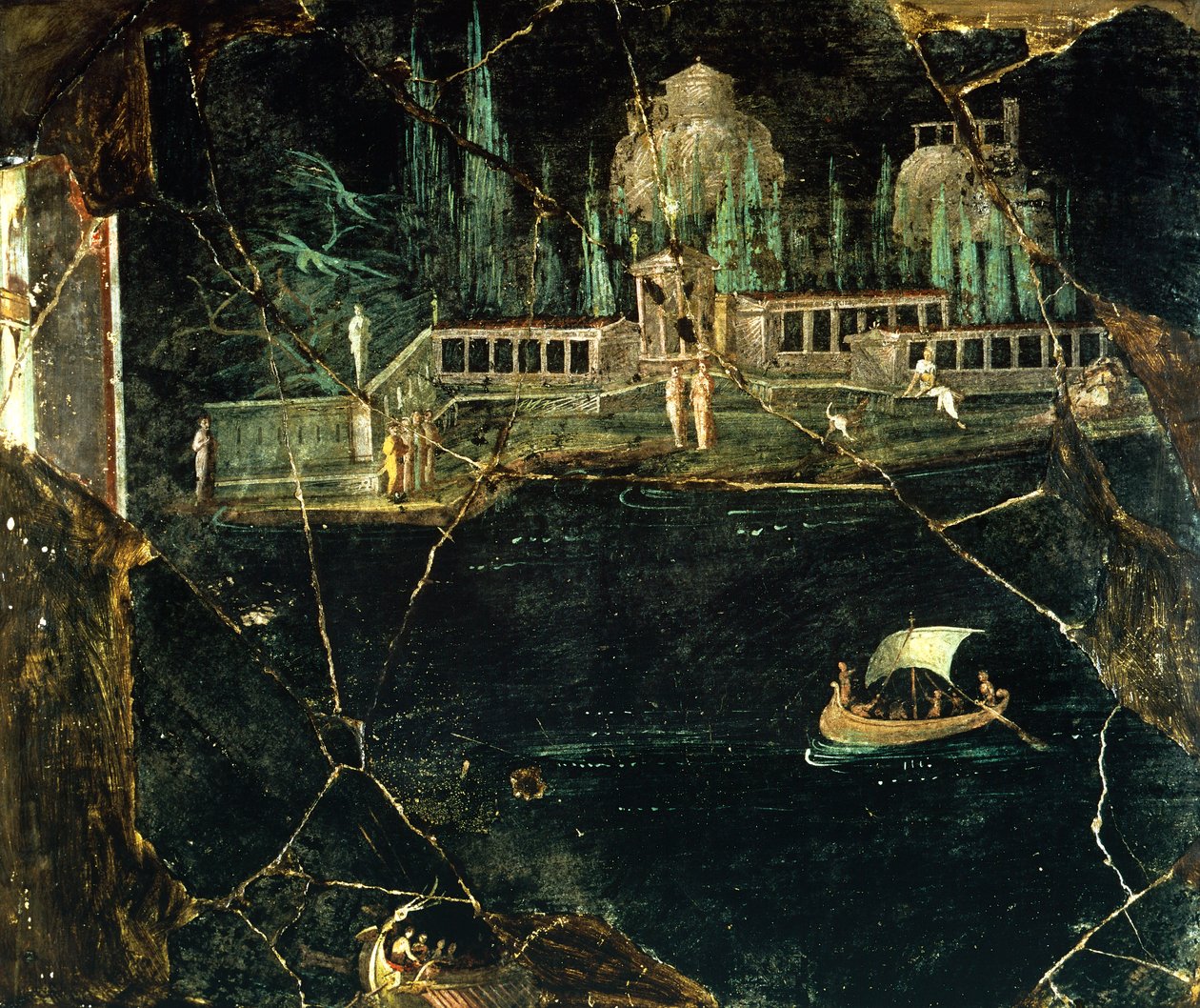 Pompeii'den (UNESCO Dünya Mirası Listesi) bir manzarayı tasvir eden fresk by Roman Roman