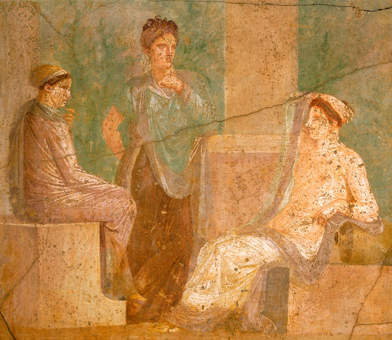 Pompeii, Campania, Roma Medeniyeti'ndeki Antik Av Evi'nden bir grup Romalı kadının sohbetini tasvir eden fresk by Roman Roman