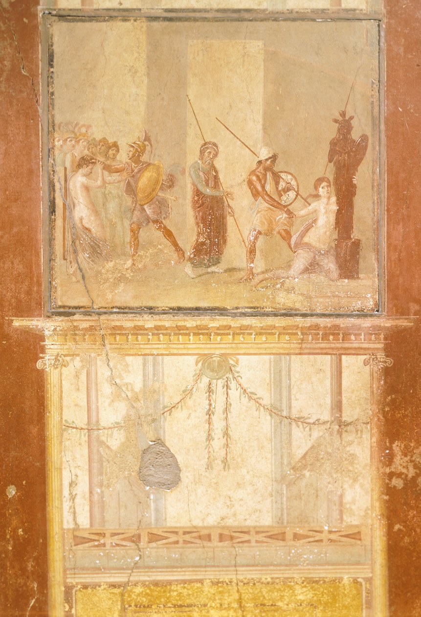 Menander Evi, Pompeii, Campania, Roma Medeniyeti'nden Priam, Menelaus ve Helen ile Cassandra'yı kovalayan Arisace'nin buluşmasını tasvir eden fresk by Roman Roman