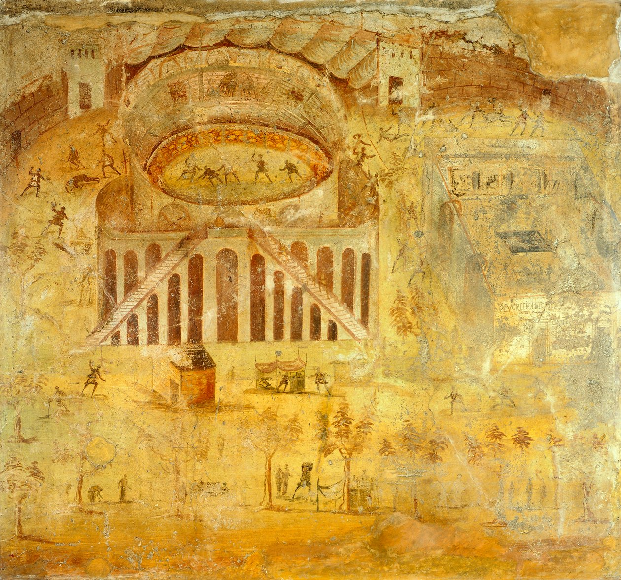 Pompeii, Campania, Roma Medeniyeti'nden amfitiyatroda Pompei'liler ve Nocerini arasındaki kavgayı tasvir eden fresk by Roman Roman