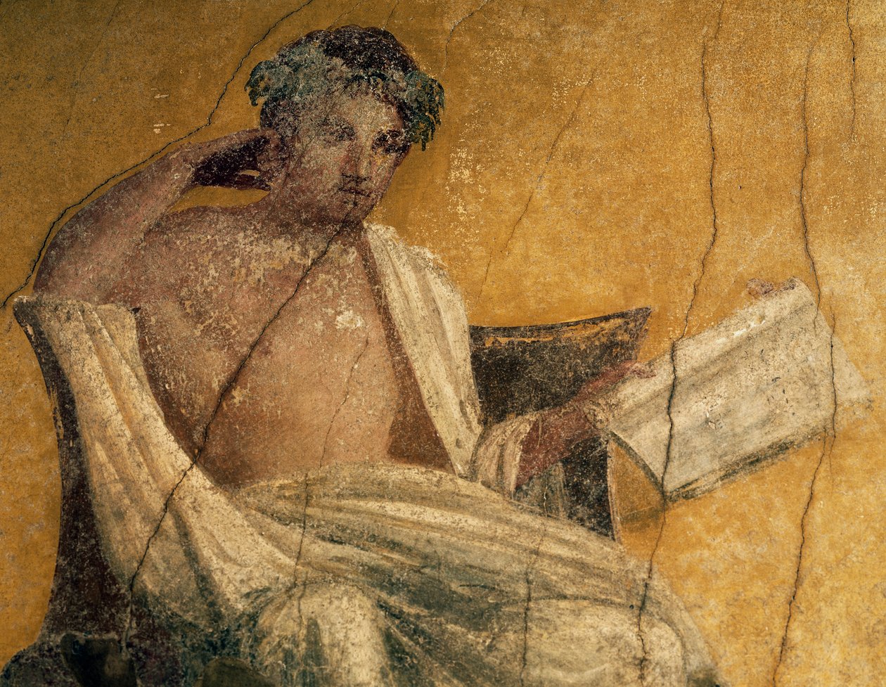 Yunan oyun yazarı Menander, fresk detayı, Menander Evi peristil, Pompeii, Campania, İtalya, Roma uygarlığı by Roman Roman