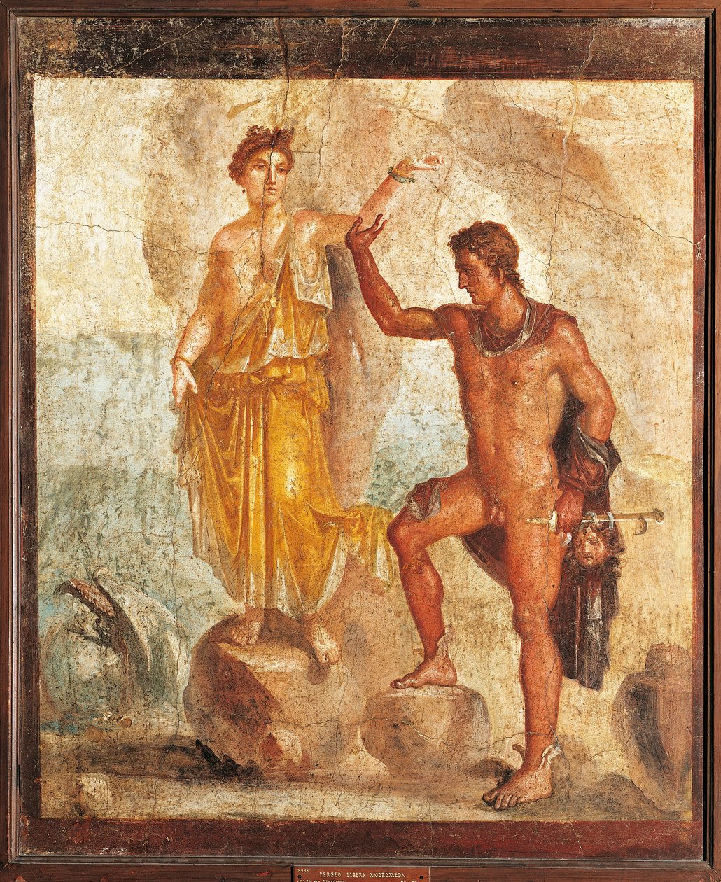 İtalya, Campania, Pompeii, Perseus'un Andromeda'yı Beş İskelet Evi'nden kurtarması, fresk by Roman Roman
