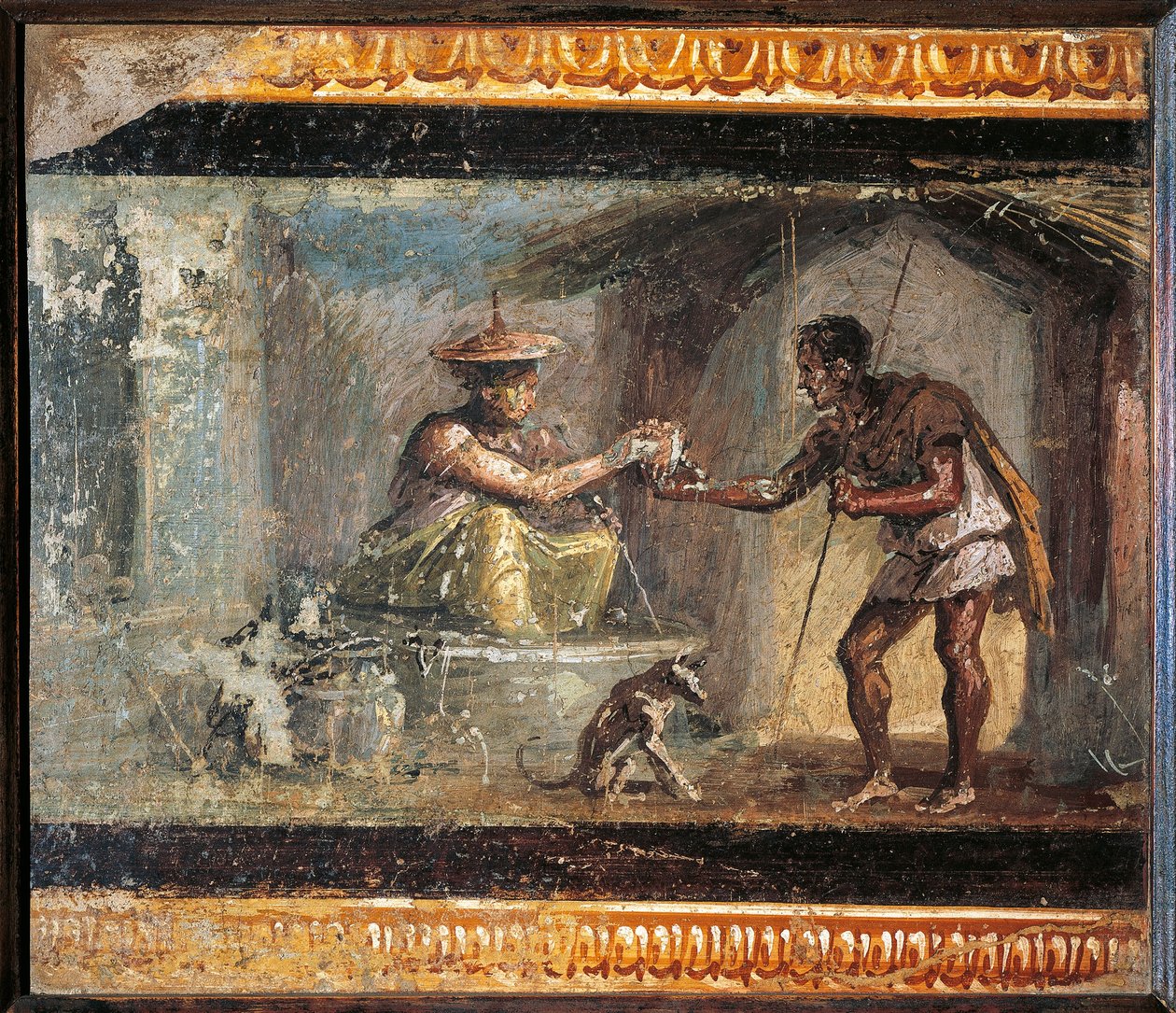 İtalya, Campania, Pompeii, Dioscuri Evi'nden gezgin ve sihirbaz, fresk by Roman Roman