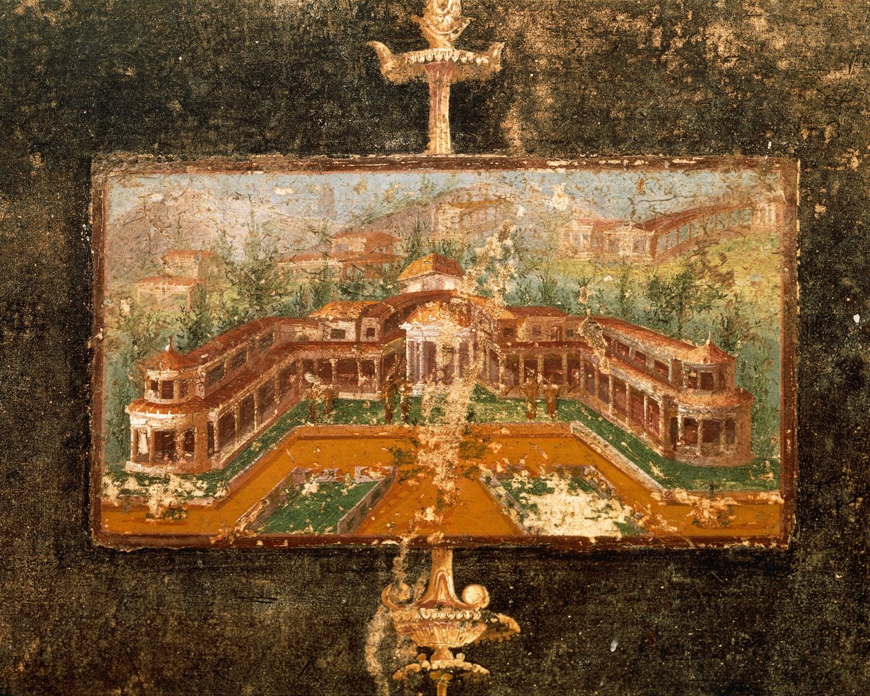 Tablinum'da duvar resminde manzara ve mimari, 3. Pompei Stili, Marco Lucrezio Fronto'nun Evi, Pompeii, Campania, İtalya'dan by Roman Roman