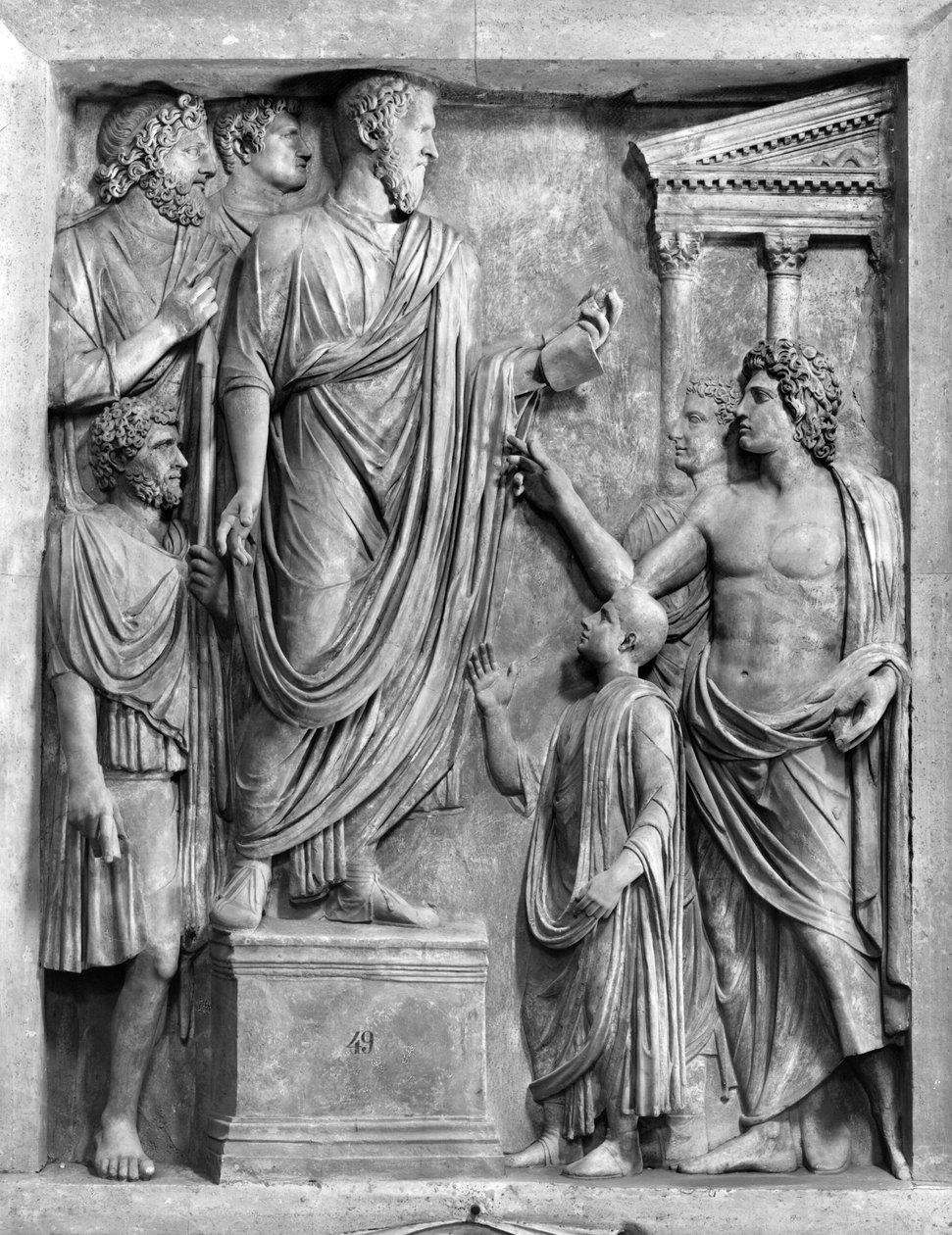 Marcus Aurelius (MS 121-180) Forumda Bir Konuşma Yapıyor veya Hadrian (MS 76-138) Sabine için Cenaze Konuşması Yapıyor, muhtemelen MS 3. veya 4. yy (mermer) (s/b fotoğraf) by Roman Roman