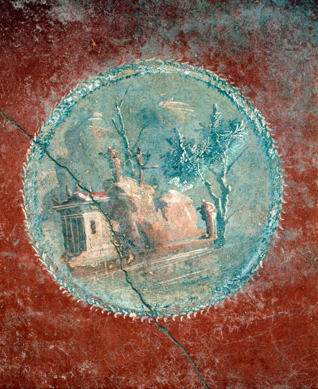 Sarı arka planda manzarayı gösteren madalyon, Menander Evi, Pompeii, Campania, Roma Uygarlığı'ndan fresk by Roman Roman