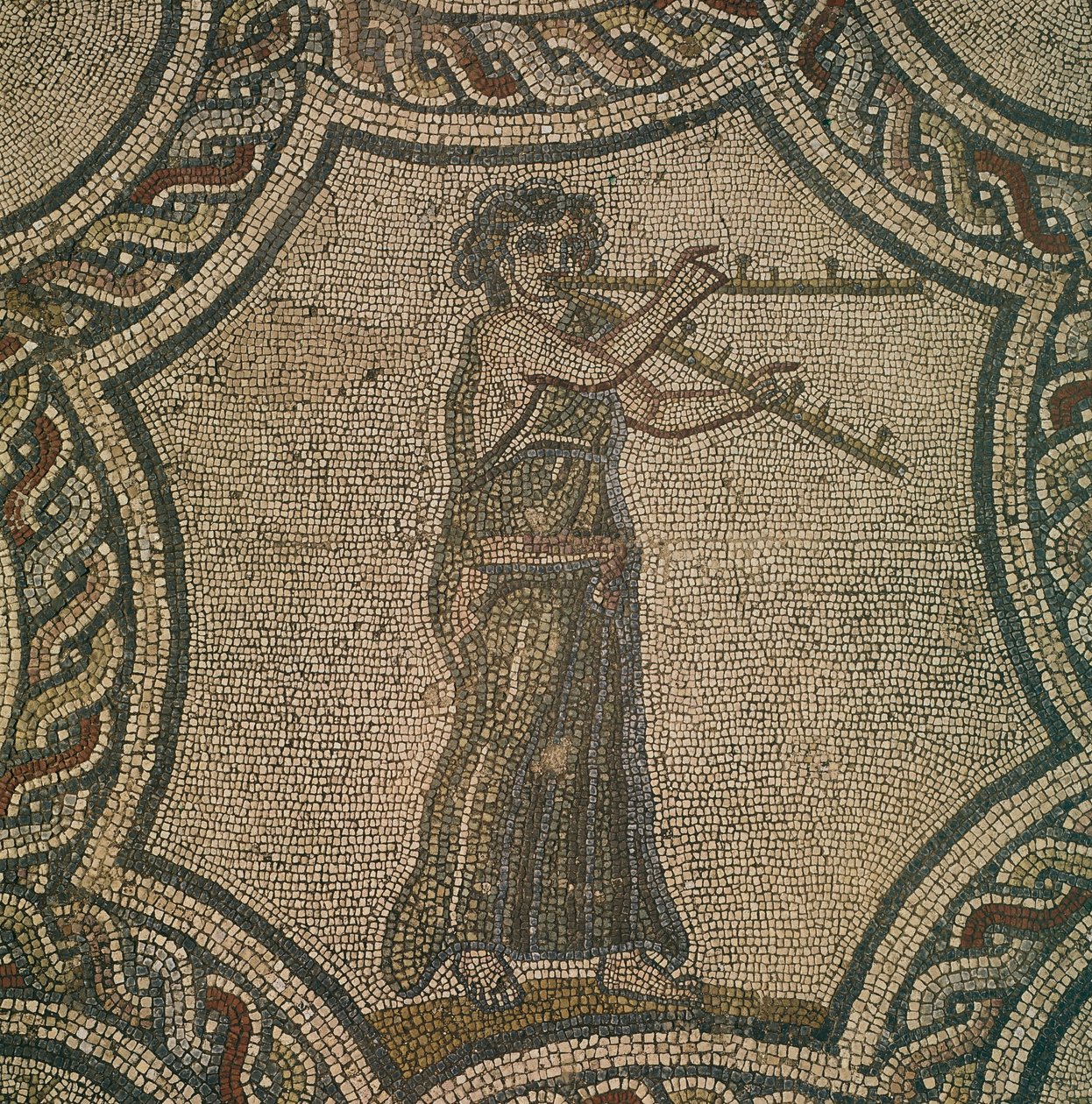 Fas, Volubilis'teki Dionysos Evi'nden kadın flütçüyü tasvir eden mozaik, Roma Uygarlığı, by Roman Roman