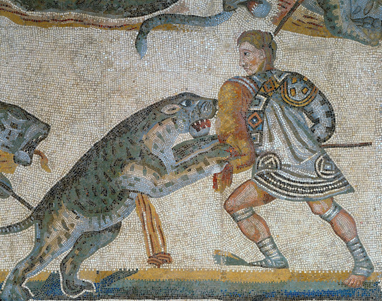 Vahşi bir hayvan avı sahnesini gösteren mozaik, vahşi bir hayvanı öldüren bir gladyatörün detayı by Roman Roman