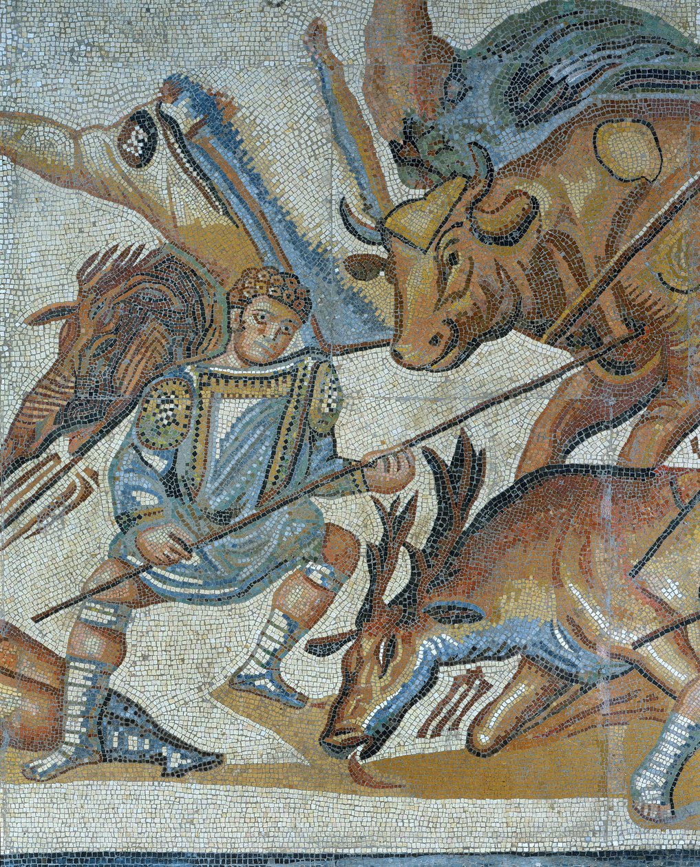 Vahşi bir canavar avı sahnesini gösteren mozaik, bir hayvanı öldüren bir gladyatörün detayı by Roman Roman