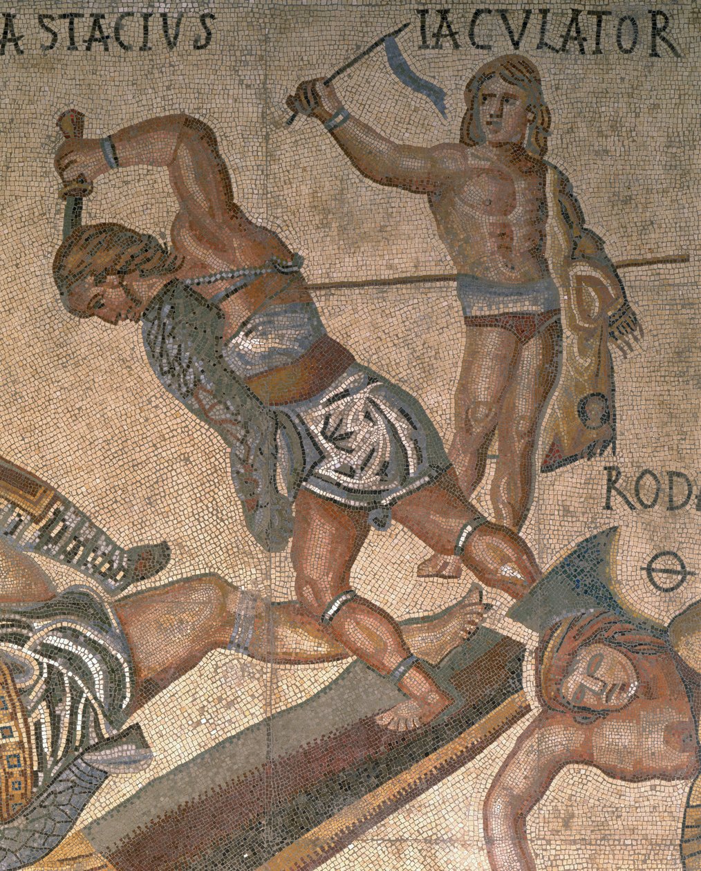 Gladyatör dövüş sahnesi olan mozaik, zırh giymiş bir gladyatörün detayı by Roman Roman