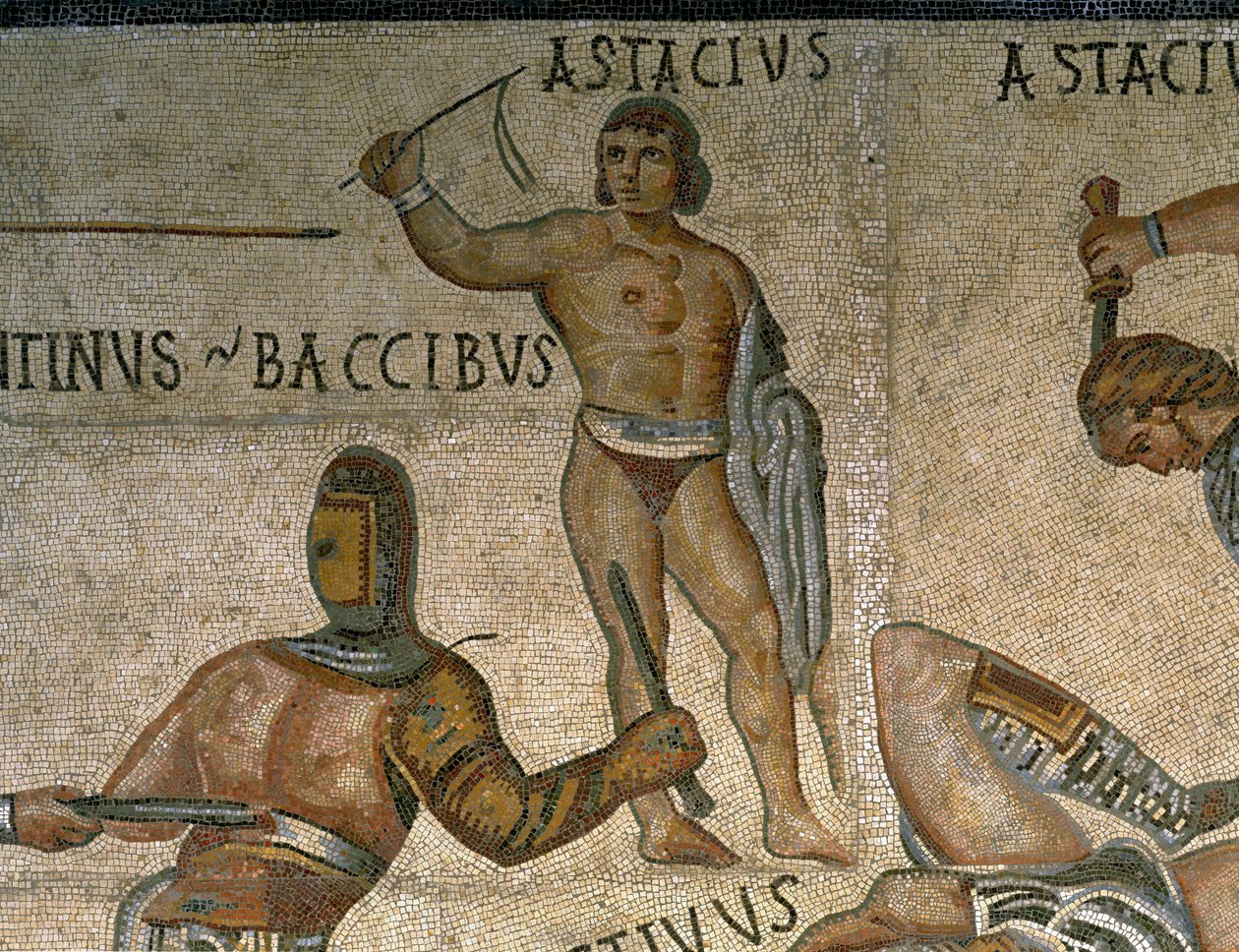 Gladyatör dövüş sahnesi olan mozaik, zırh giymiş bir gladyatörün detayı by Roman Roman