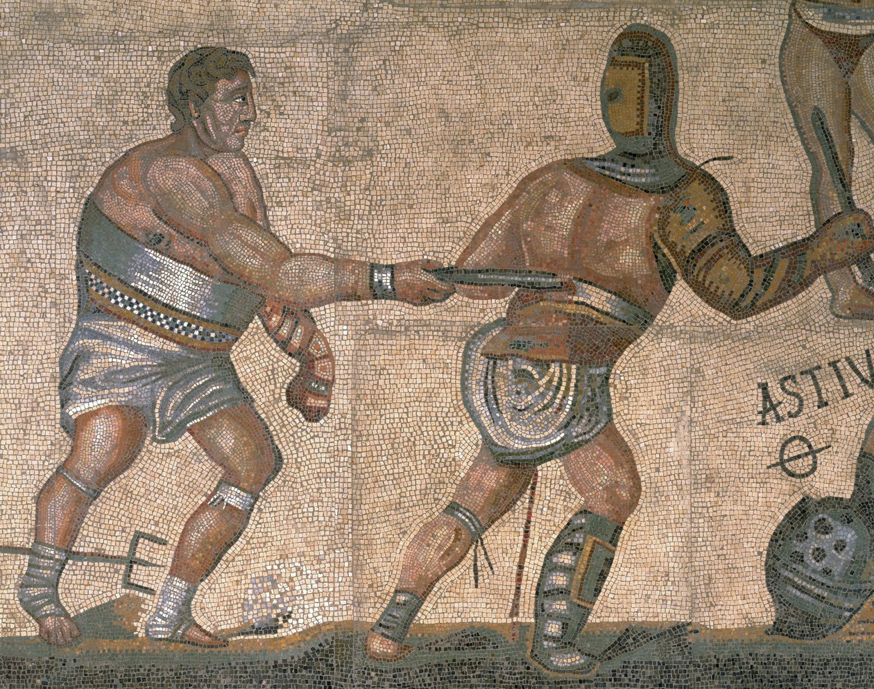 Gladyatör dövüş sahnesi olan mozaik, zırh giymiş bir gladyatörün detayı by Roman Roman
