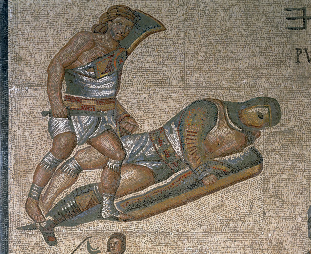 Gladyatör dövüş sahnesi olan mozaik, zırh giymiş bir gladyatörün detayı by Roman Roman