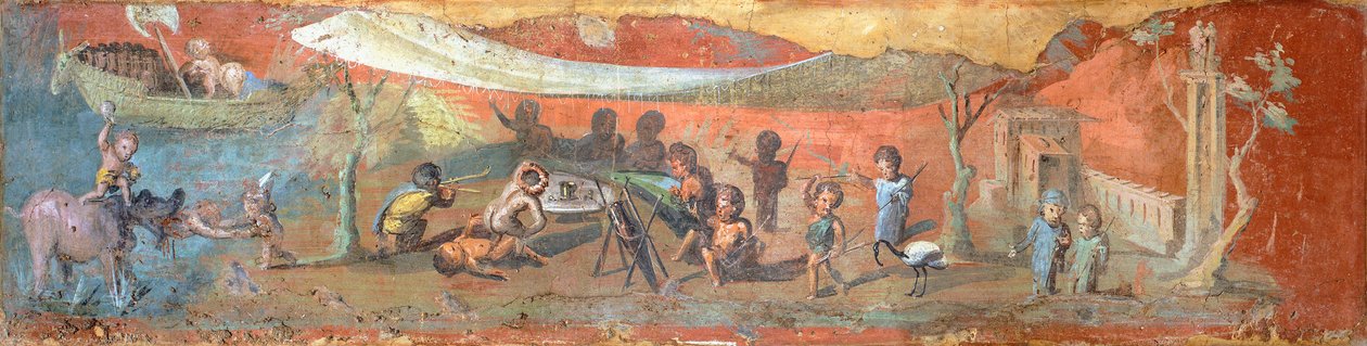 Pompeii'den (UNESCO Dünya Mirası Listesi) Nil boyunca pigmelerin bulunduğu bir sahneyi tasvir eden alçı üzerine resim, 56x217 cm by Roman Roman