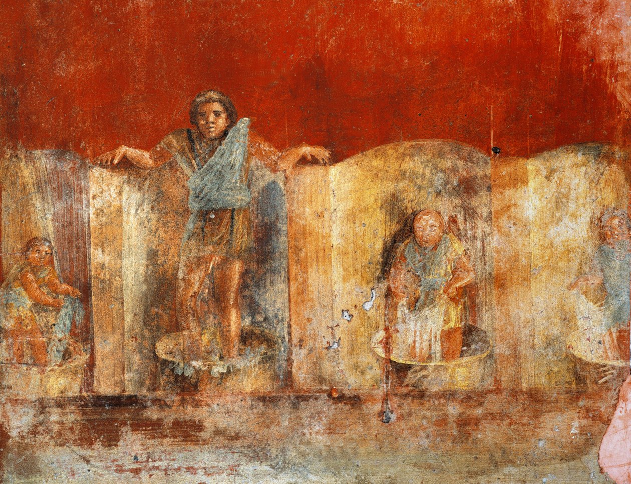 Pompei'den yün üretimini tasvir eden sütun freski, Fullonica of Veranio Ipseo by Roman Roman