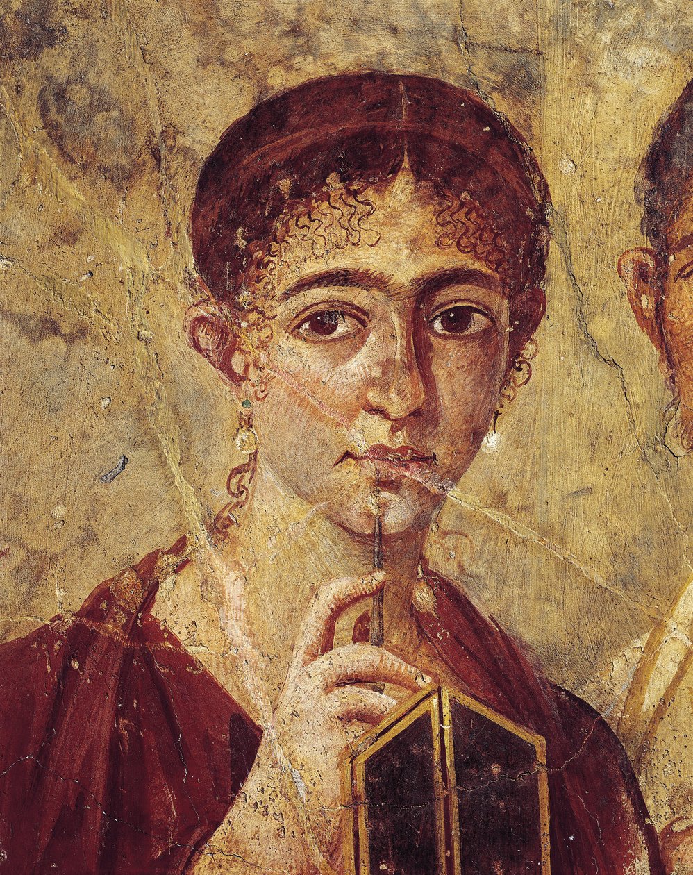 Fırıncı Terentius Neo ve karısının resmi kıyafetli portresi, İtalya, Campania, Pompeii, MS 55-79'dan açık kalemi ve diptiğiyle karısının detayı, alçı üzerine resim by Roman Roman