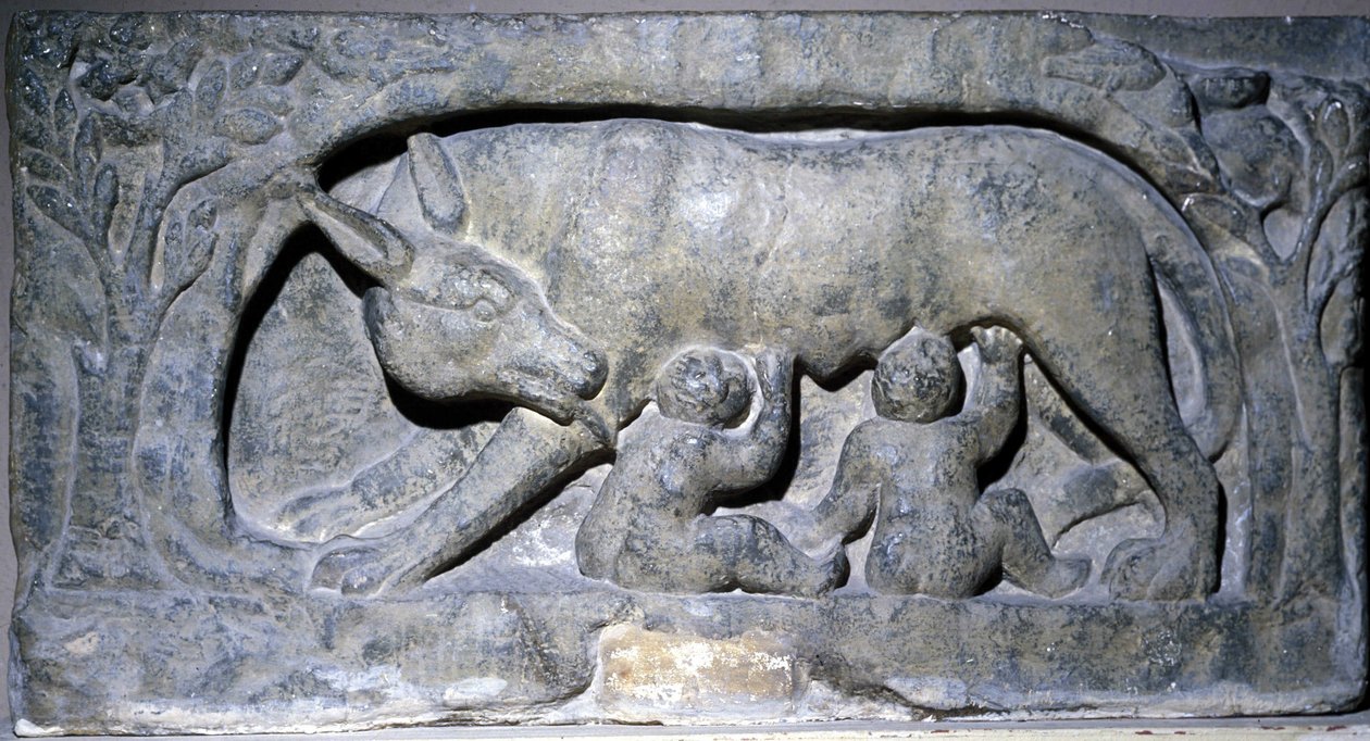 Lupercal kireçtaşı kabartması (Roma'daki bir mağaranın adı): Romulus ve Remus'lu kurt, Avenches Müzesi. by Roman Roman