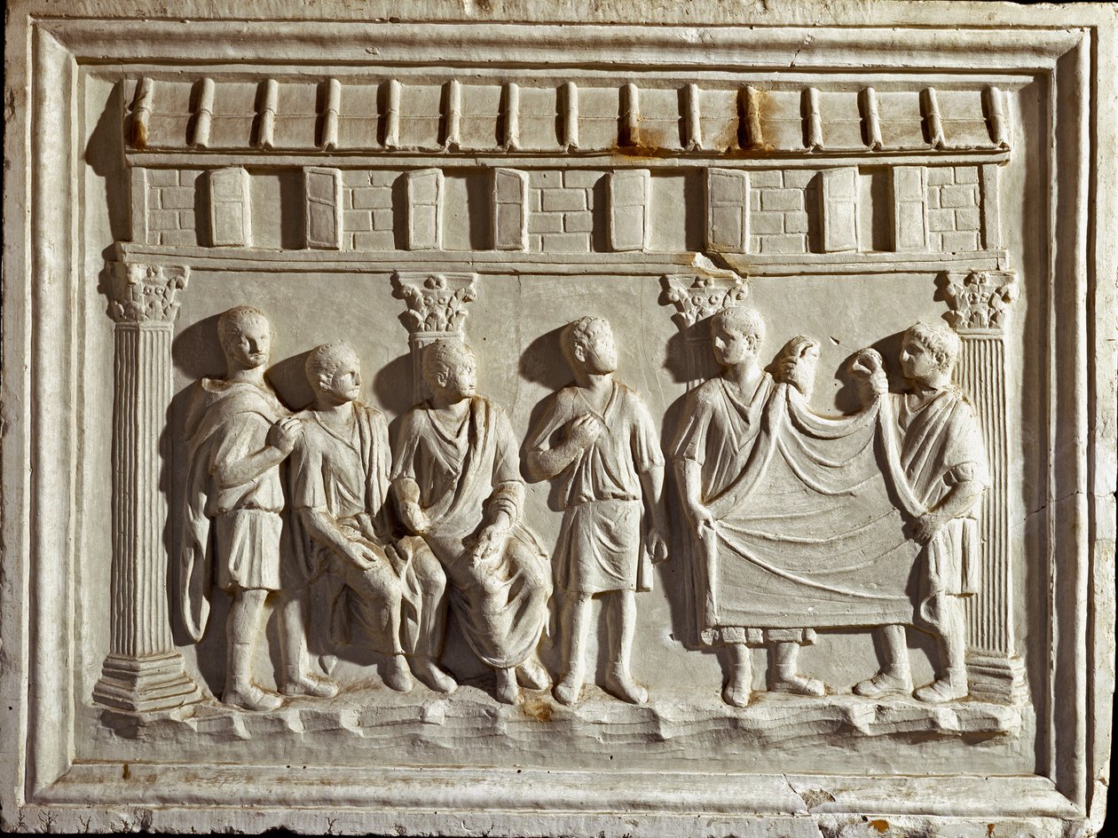 Roma sanatı: bir kumaşı ve duvar halılarını temsil eden alçak kabartma kalıp. MS 2. yüzyıla ait bir orijinalden. Roma Museo della Civilta Romana by Roman Roman