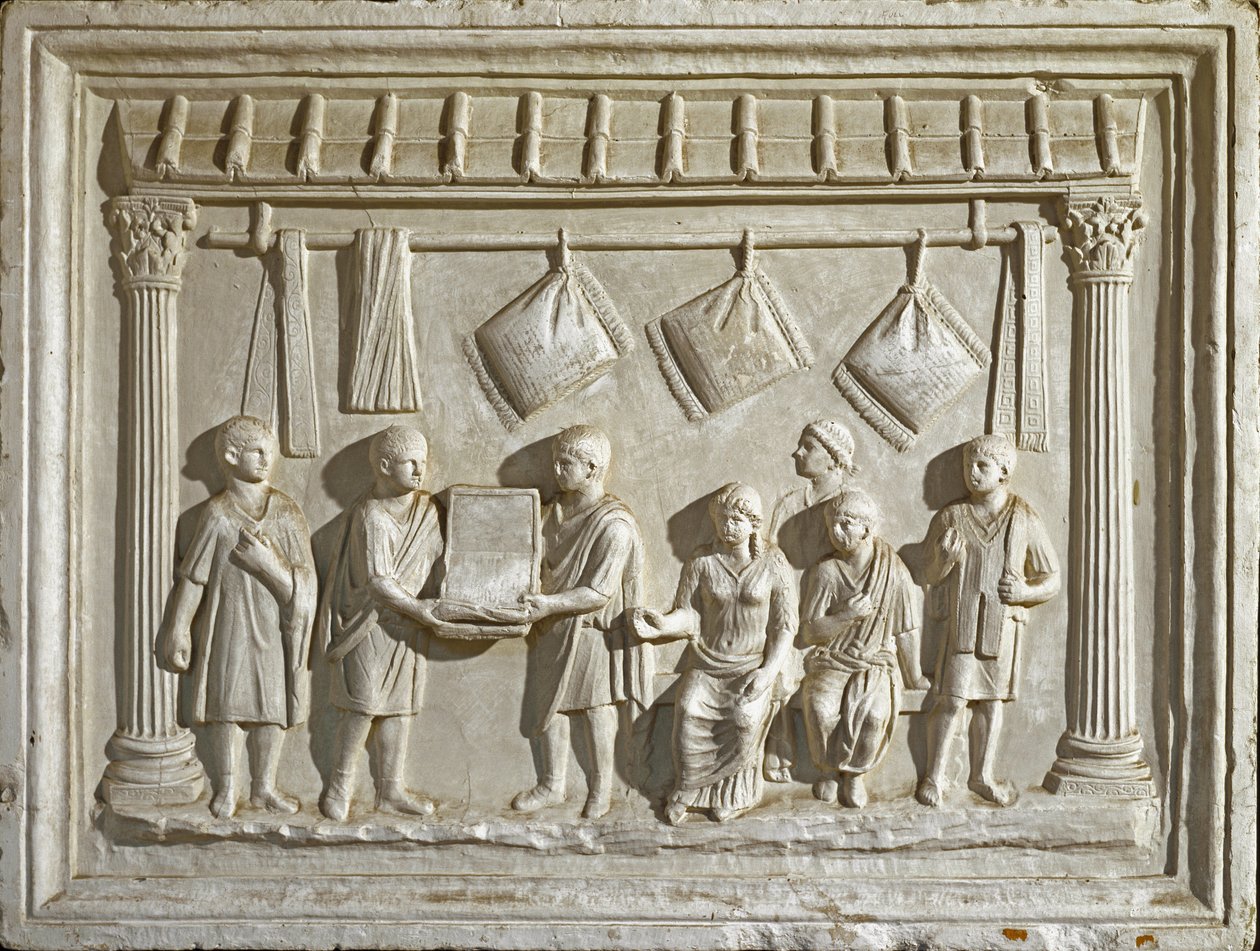 Roma sanatı: bir kumaşı ve duvar halılarını temsil eden kalıp. MS 2. yüzyıla ait bir orijinalden (alçak kabartma) by Roman Roman