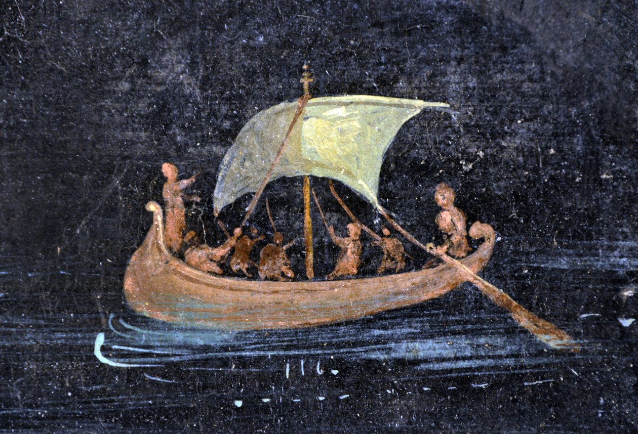 Roma sanatı: nehir sahnesi - bir nehirde (nehir) tekne ve denizciler - Napoli Arkeoloji Müzesi'nde korunan bir Pompei fresk parçası, İtalya - Museo Archeologico Nazionale, Napoli, Italia - Fotoğraf Patrice Cartier - by Roman Roman