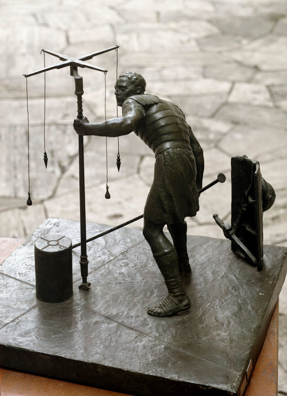 Roma sanatı: “” gromatician”” Bir sörveyör (agrimeners) toprağı bir groma (gruma) kullanarak ölçer. Bronz heykel. Roma, Roma Medeniyeti Müzesi by Roman Roman