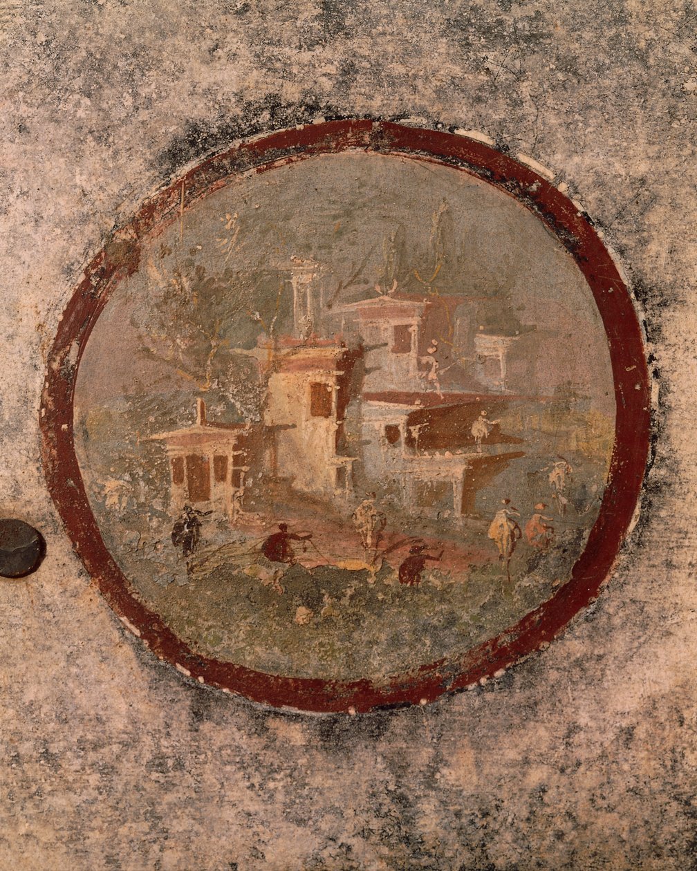 Evler ve binalar ile yuvarlak, Yüzüncü Yıl Evi, Pompeii, Campania, Roma Medeniyeti'nden fresk detayı by Roman Roman