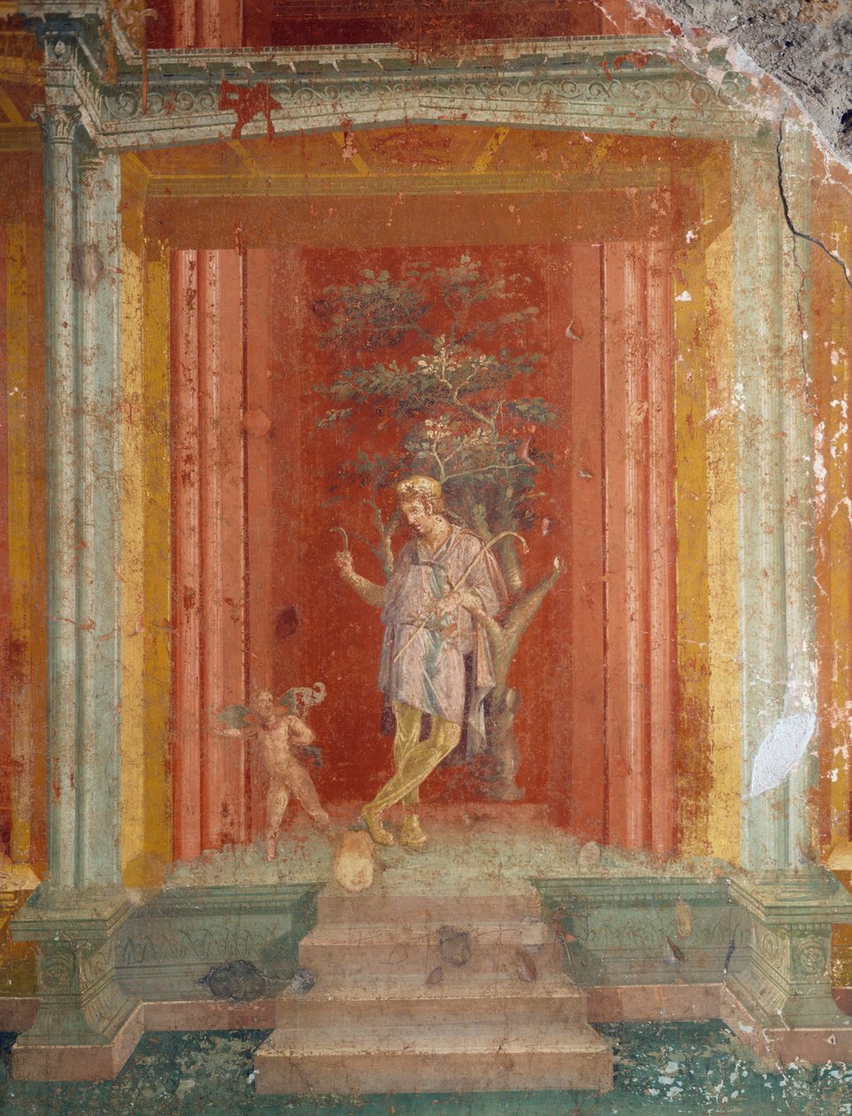 Tiyatro sahnesi, fresk (IV stili), House of Pinarius Cerialis, Pompeii'den (Unesco Dünya Mirası Listesi) kırmızı zemin üzerine by Roman Roman