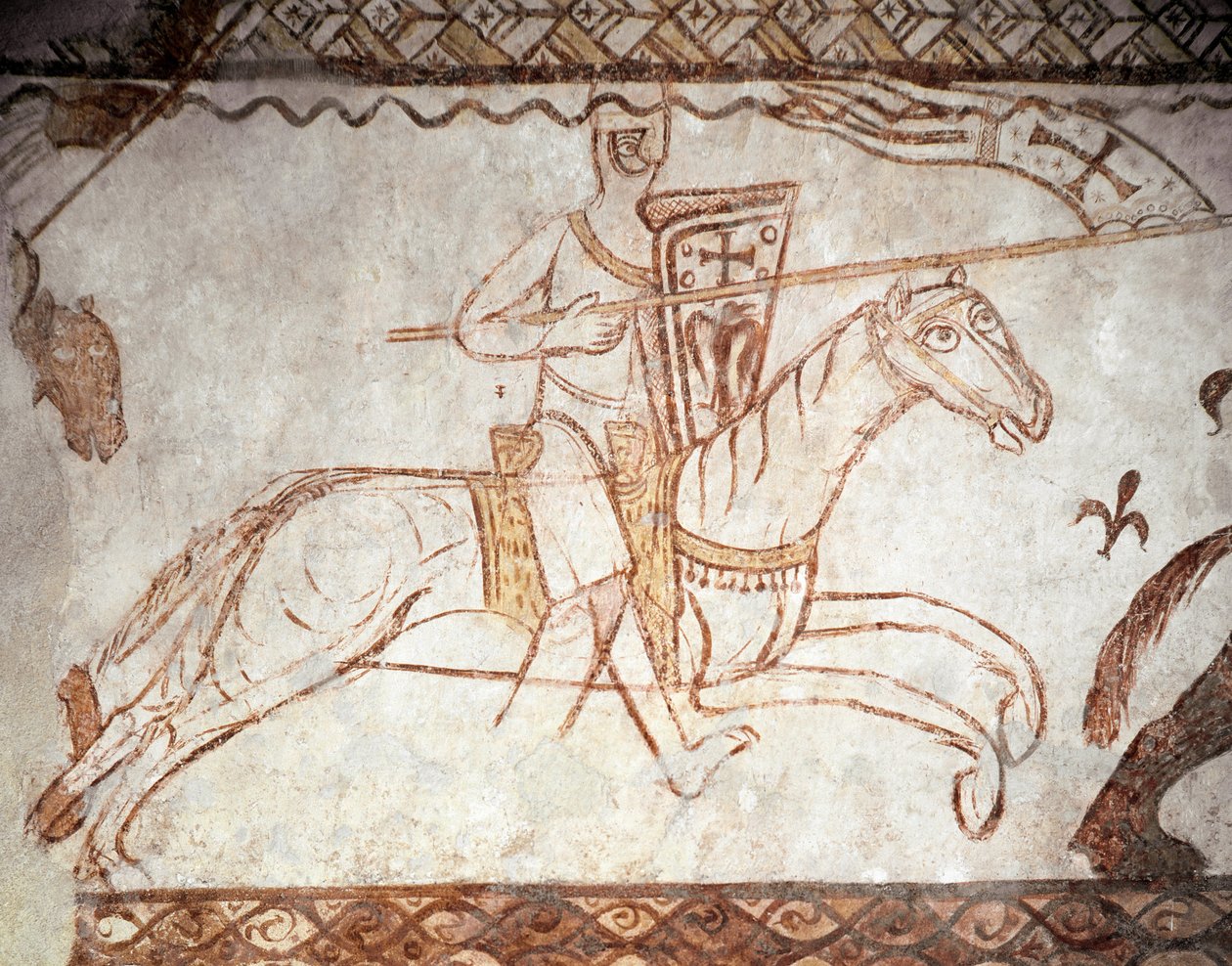 Haçlı Seferi: Tapınak Şövalyeleri Şövalyesi. Romanesk sanat. Cressac şapelinin freski (Cressac-Saint-Genis en Charente) by Romanesque