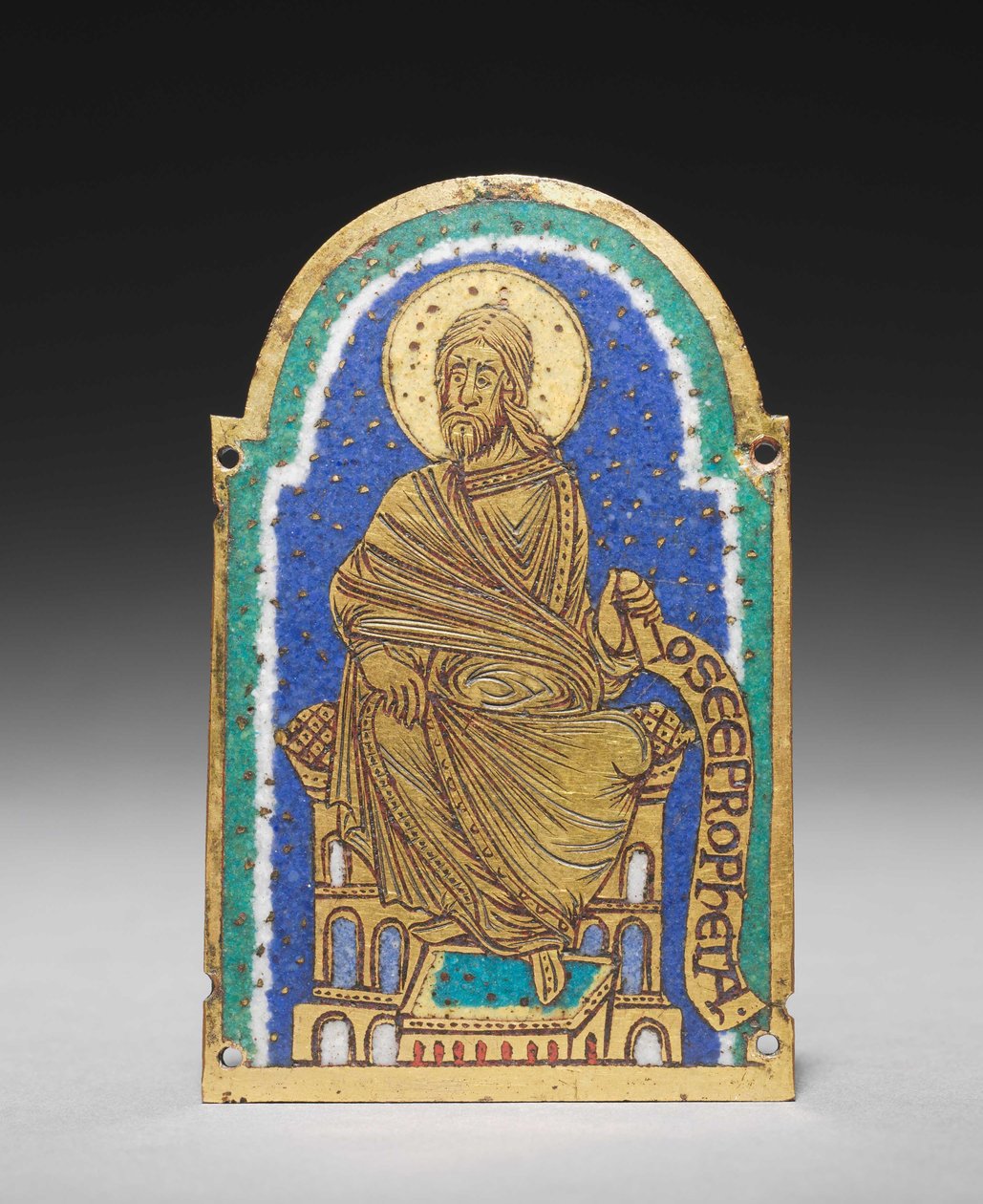 Plaket: Bir Anıt Türbesinden Oturan Peygamber: Osea (Hosea), c.1170-1180 (yaldızlı bakır, champlevé emaye) by Romanesque