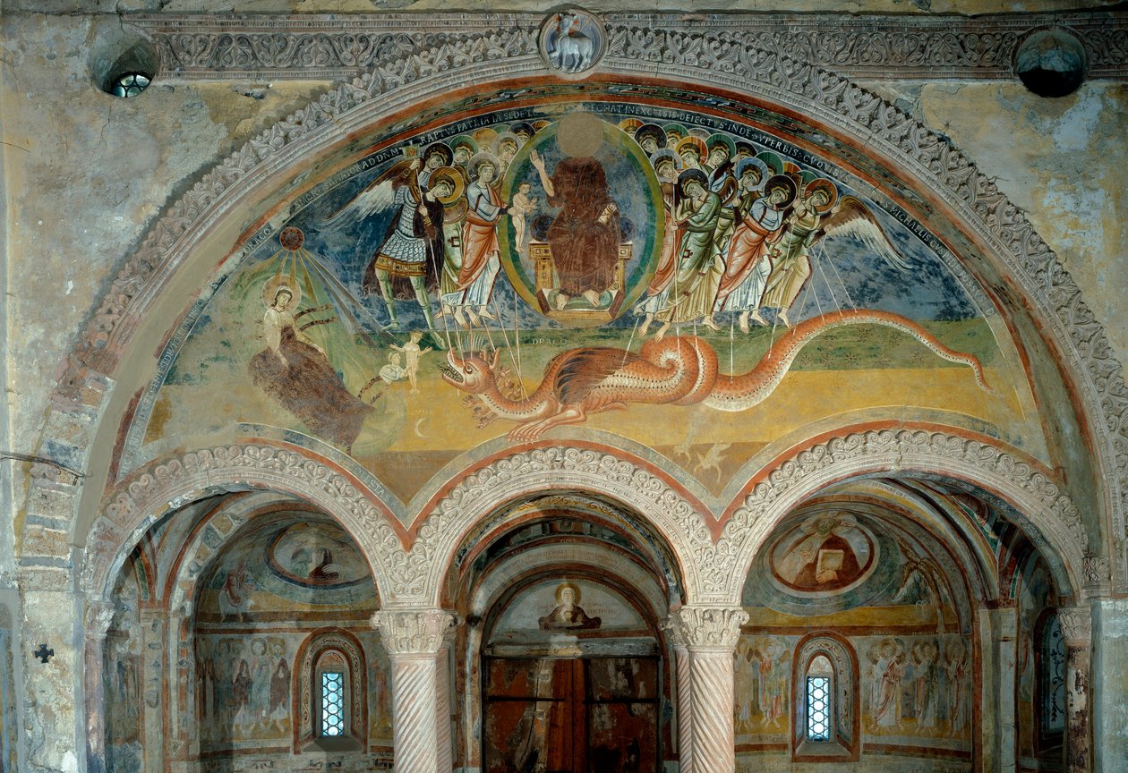 Kıyametin temsili: melekler oklarıyla yedi başlı canavarı deler by Romanesque