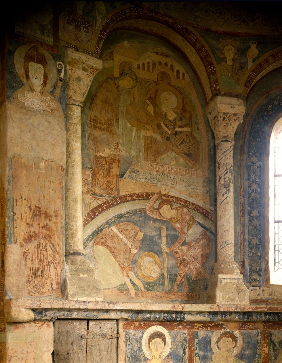 Romanesk Sanat: Saint Laurent şehitini (1103-1130) betimleyen resim. Fresk. Chateau des Moines Şapeli, Berze la Ville (Saone ve Loire, Burgundy