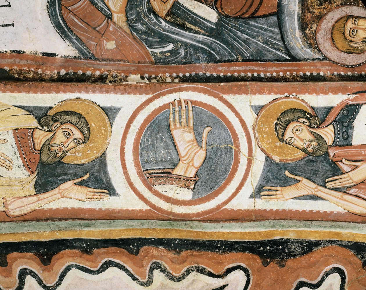 Romanesk sanat: “" Tanrı'nın sağ eli ve atalar İlyas ve Henoch (veya Enoch). Detay. Leon okulunun freski (İspanya). 1132. Bakire del Camin Meryem Ana Tapınağı by Romanesque