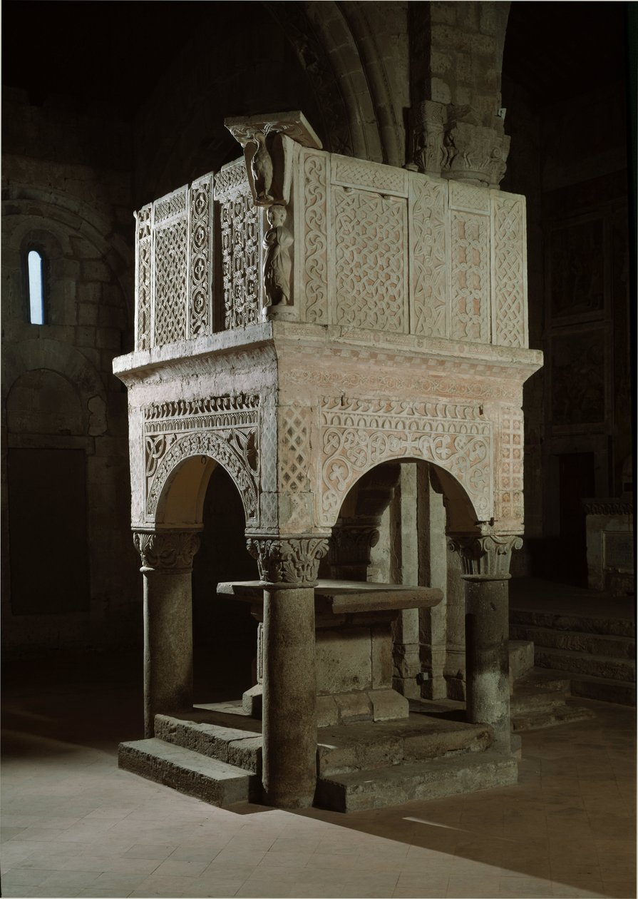 Romanesk sanat: mermer ve kabartmalarla süslenmiş kilisenin minberi, st Maria maggiore kilisesi (Toskana, İtalya) by Romanesque