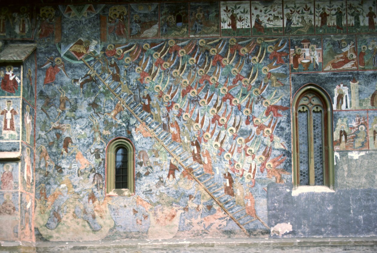 Cennetin Merdiveni, kilisenin kuzey cephesindeki resim, c.1601 by Romanian School