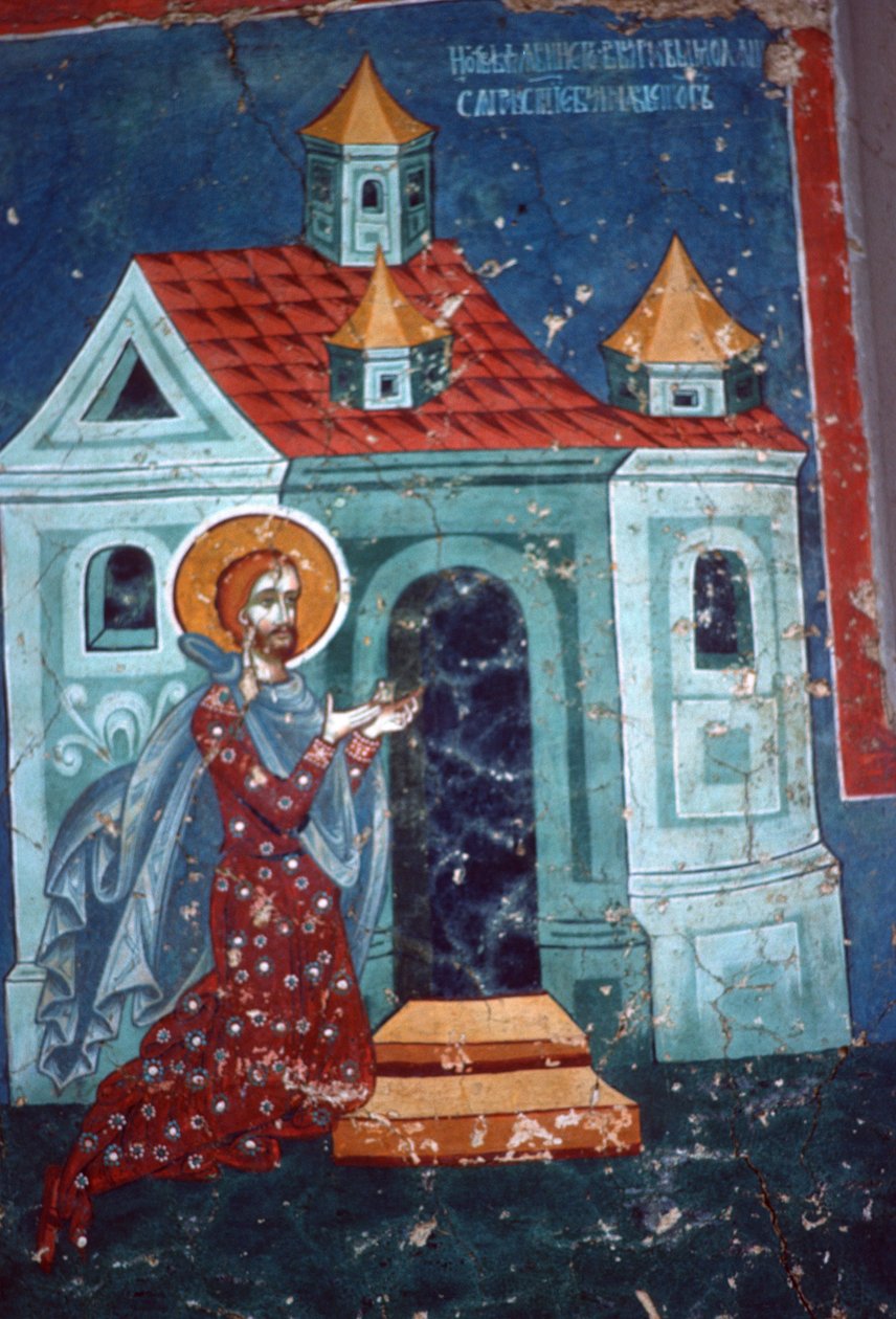 Aziz Nicetas bir kilisenin önünde dua ediyor by Romanian School