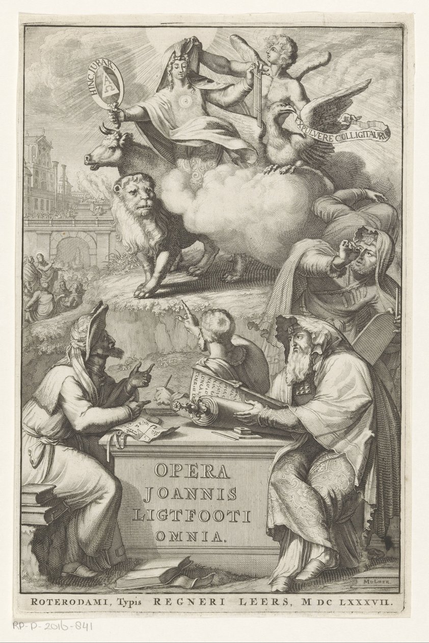 Yahudi adam ile alegorik figür Başlık sayfası: John Lightfoot, Opera Joannis Ligtfooti omnia, 1686 by Romeyn de Hooghe