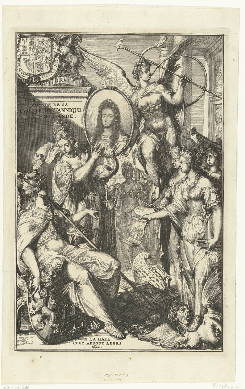 William III portresi ile alegorik cephe Voyage de sa Majeste Britannique en Hollande (nesne üzerindeki başlık) by Romeyn de Hooghe
