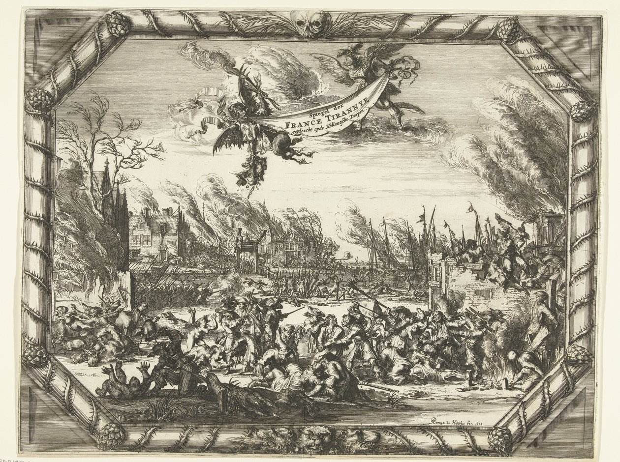 Bodegraven ve Zwammerdam'daki Fransız vahşeti, 1672 Spiegel der France Tirannye, Hollantsche Dorpen'de işlendi (nesnedeki başlık) by Romeyn de Hooghe