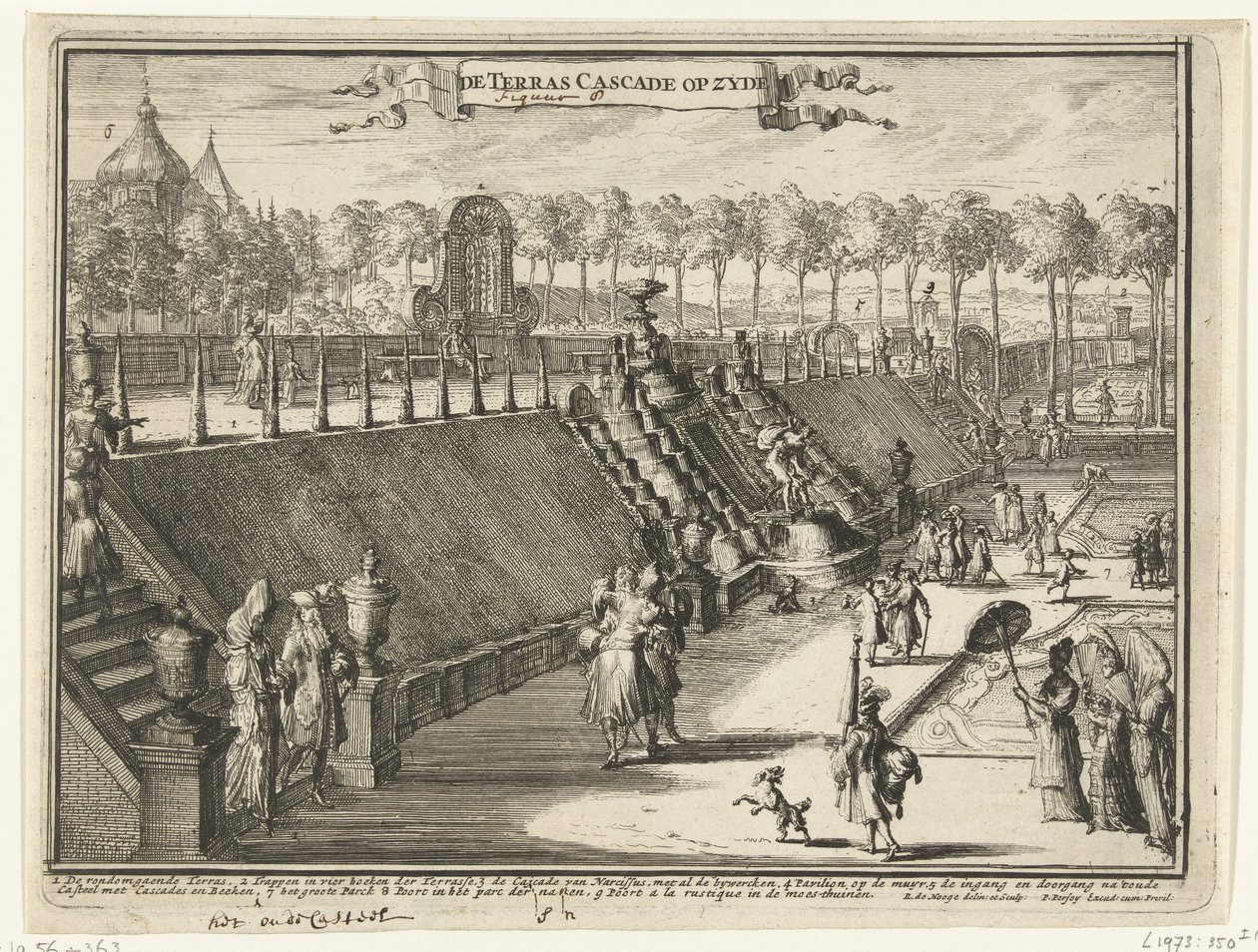 Paleis Het Loo parkındaki bir teras şelalesinin görünümü (yandan) zyde üzerinde Terrace Cascade (nesne üzerinde başlık) Paleis Het Loo, ilişkili binalar ve ilgili parkın görünümleri (seri başlığı) by Romeyn de Hooghe