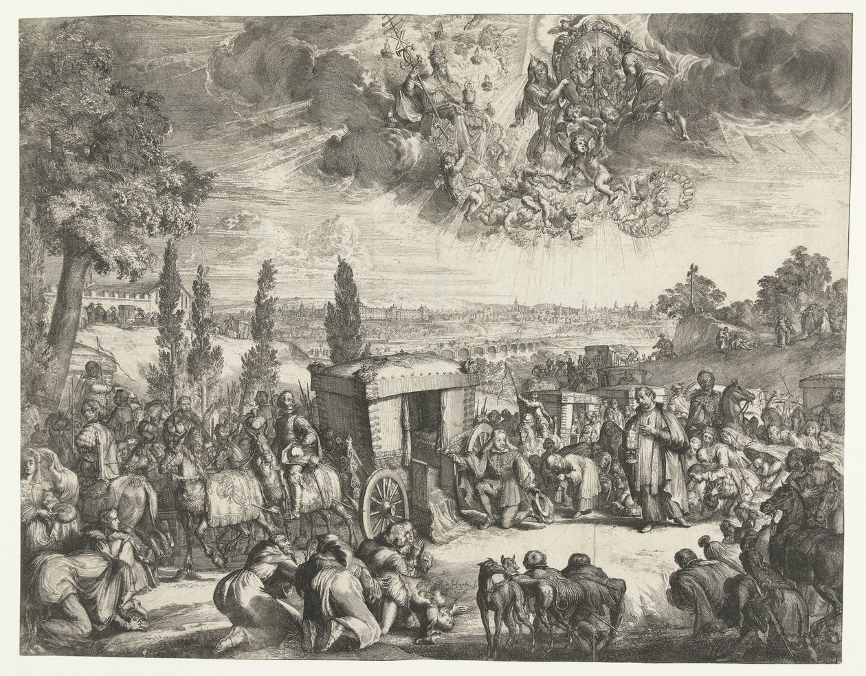 İspanya Kralı II. Charles bir arabanın yanında diz çöküyor by Romeyn de Hooghe