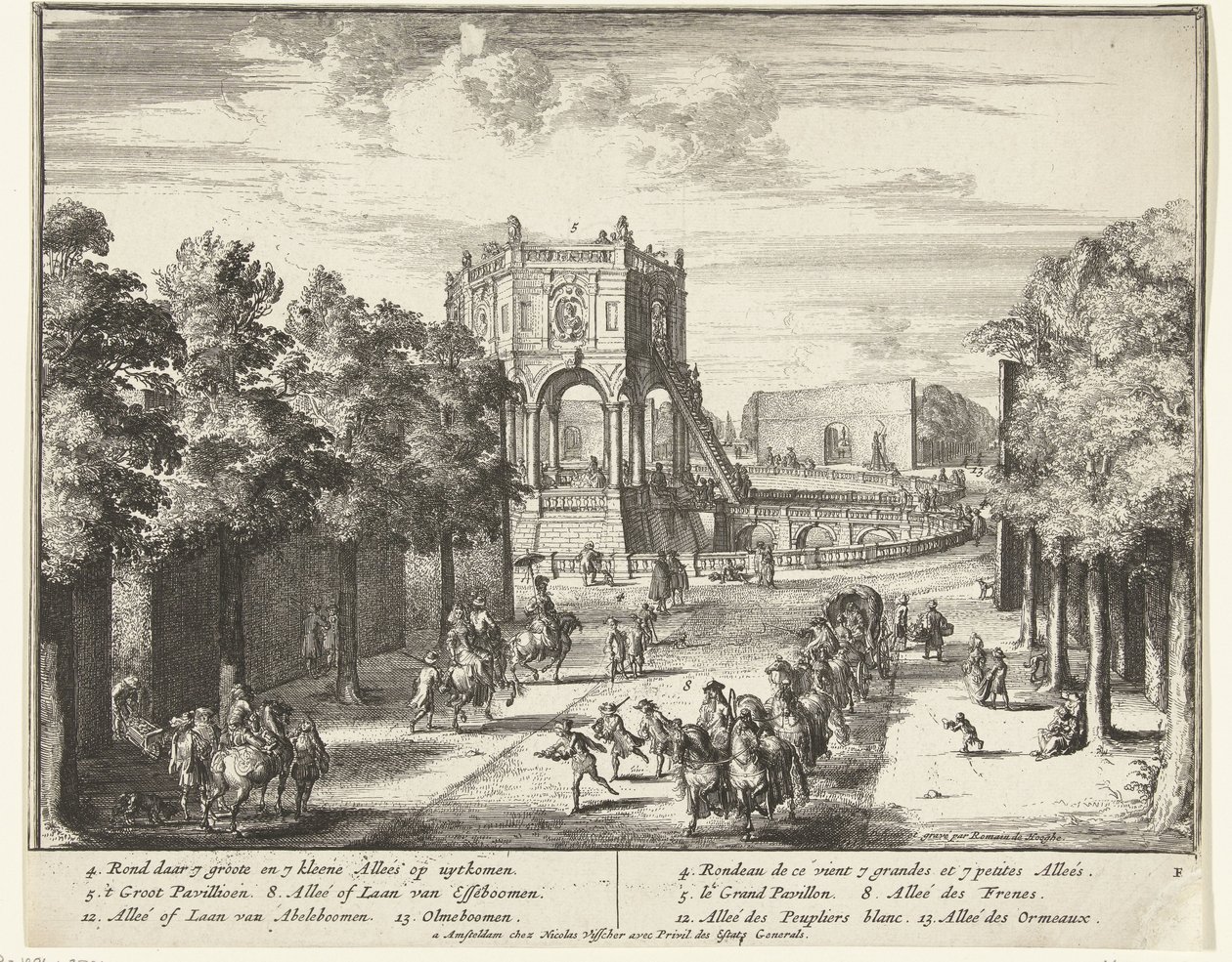 Enghien parkında bir köşke giden cadde Enghien parkı (Enghien) (dizi başlığı) by Romeyn de Hooghe