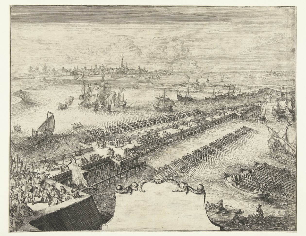 Scheldt üzerinde Parma Gemi Köprüsü, 1585 Guerres de Flandres (seri başlığı) by Romeyn de Hooghe