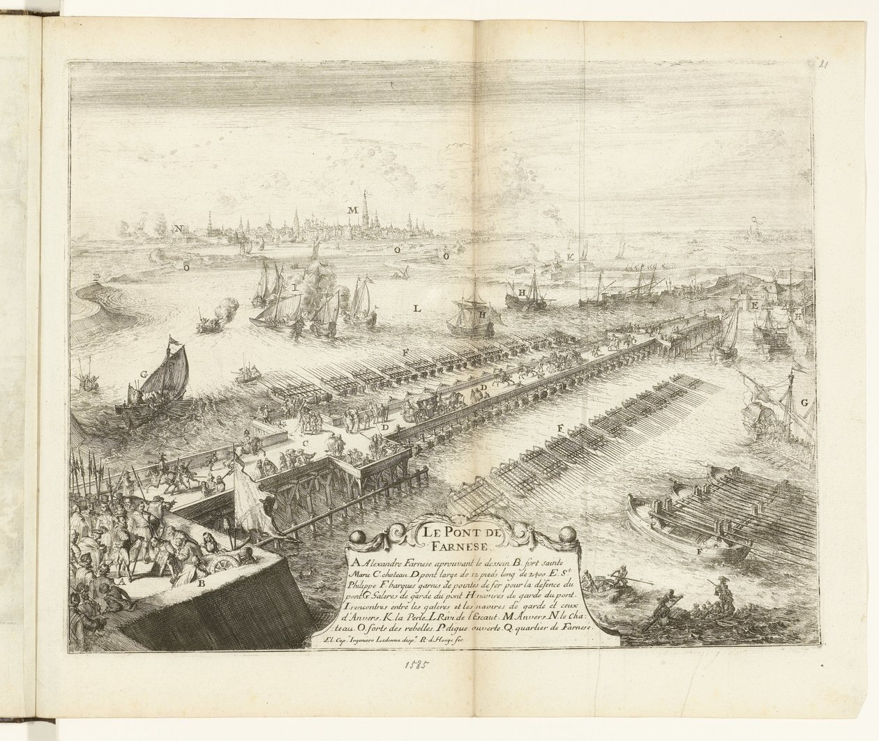 Scheldt üzerindeki Parma nefli köprü, 1585 Le Pont de Farnese (nesne üzerindeki başlık) Guerres de Flandres (dizi adı) by Romeyn de Hooghe